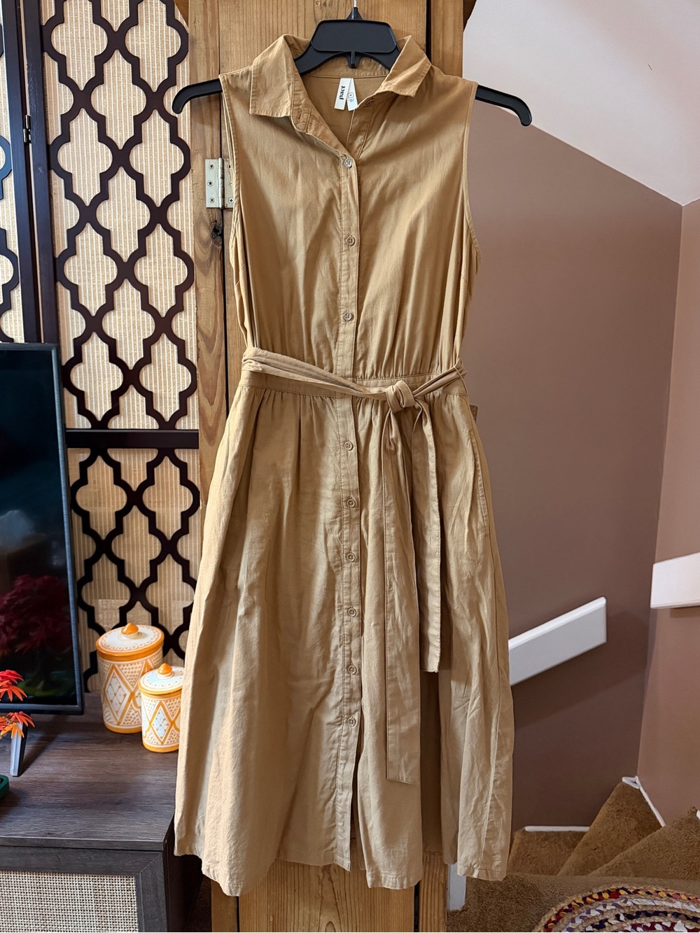 Pact Sleeveless Button-Front Dress in Camel